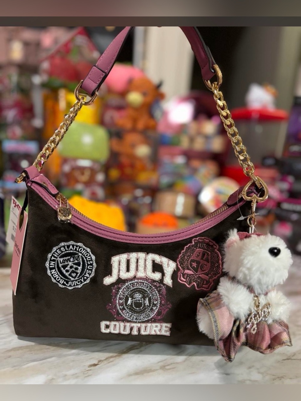 Juicy Couture Black Shoulder Bag with Pink Trim and Plush Charm